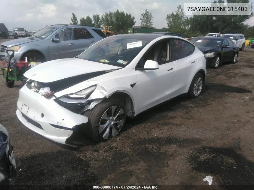 2022 Tesla Model Y Long Range Dual Motor All-Wheel Drive VIN: 7SAYGAEE0NF315403 Lot: 39808774