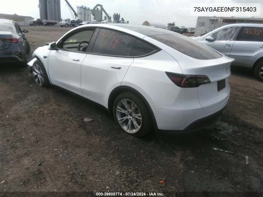 2022 Tesla Model Y Long Range Dual Motor All-Wheel Drive VIN: 7SAYGAEE0NF315403 Lot: 39808774