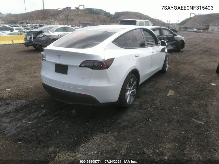 2022 Tesla Model Y Long Range Dual Motor All-Wheel Drive VIN: 7SAYGAEE0NF315403 Lot: 39808774