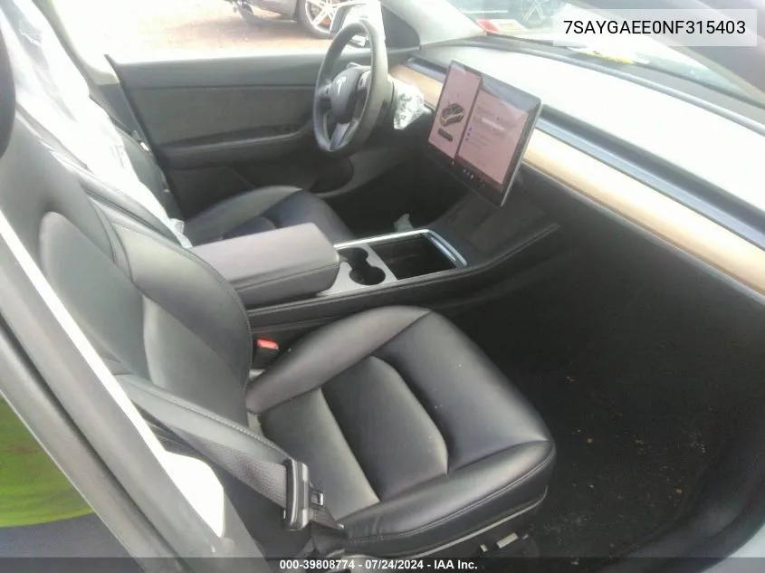 2022 Tesla Model Y Long Range Dual Motor All-Wheel Drive VIN: 7SAYGAEE0NF315403 Lot: 39808774