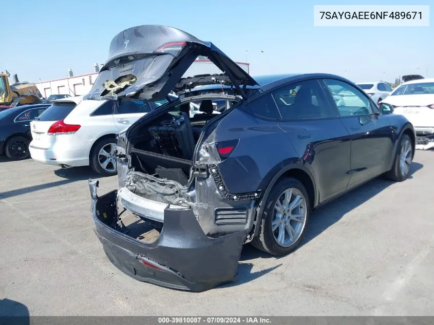 2022 Tesla Model Y Long Range Dual Motor All-Wheel Drive VIN: 7SAYGAEE6NF489671 Lot: 39810087