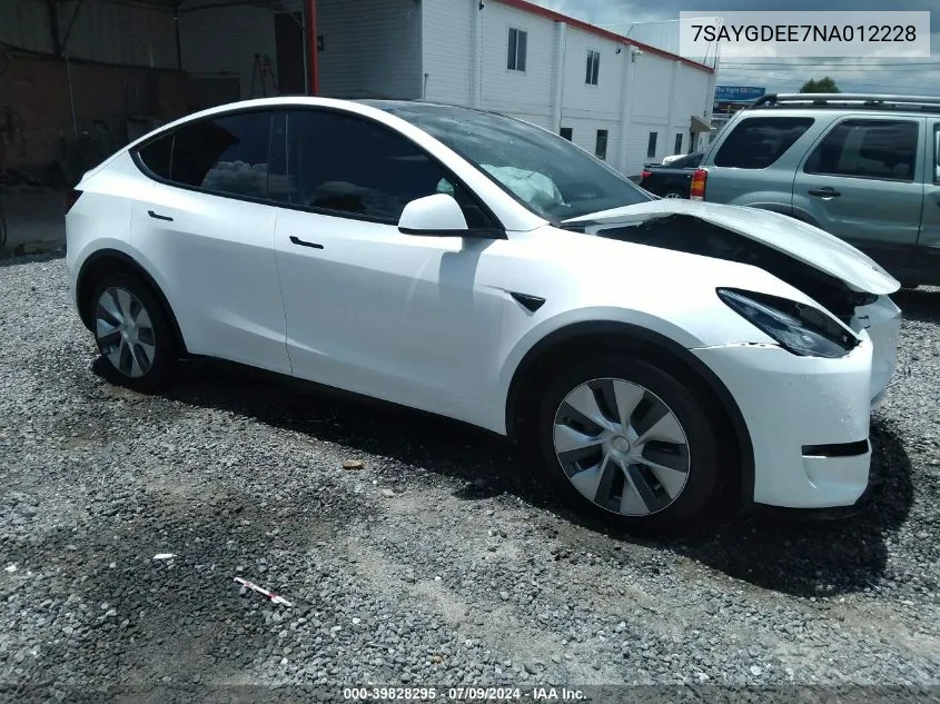 2022 Tesla Model Y Long Range Dual Motor All-Wheel Drive VIN: 7SAYGDEE7NA012228 Lot: 39828295