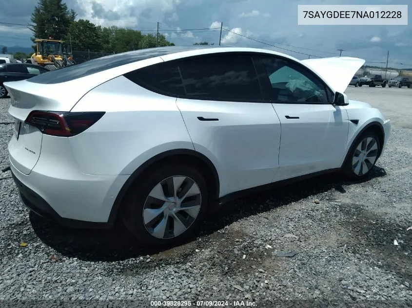 2022 Tesla Model Y Long Range Dual Motor All-Wheel Drive VIN: 7SAYGDEE7NA012228 Lot: 39828295