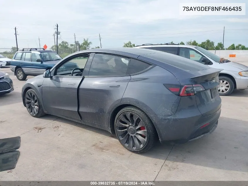 2022 Tesla Model Y Performance Dual Motor All-Wheel Drive VIN: 7SAYGDEF8NF466435 Lot: 39832735