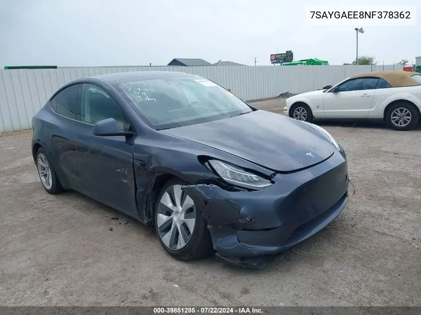 2022 Tesla Model Y Long Range Dual Motor All-Wheel Drive VIN: 7SAYGAEE8NF378362 Lot: 39851285