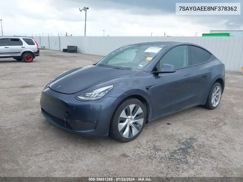 2022 Tesla Model Y Long Range Dual Motor All-Wheel Drive VIN: 7SAYGAEE8NF378362 Lot: 39851285