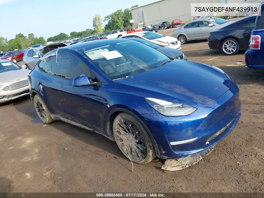 2022 Tesla Model Y VIN: 7SAYGDEF4NF439913 Lot: 39855480