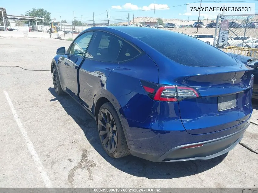 2022 Tesla Model Y VIN: 7SAYGAEE6NF365531 Lot: 39890619