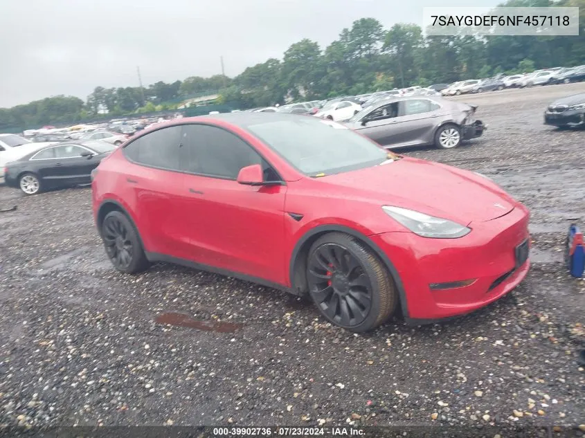 2022 Tesla Model Y Performance Dual Motor All-Wheel Drive VIN: 7SAYGDEF6NF457118 Lot: 39902736