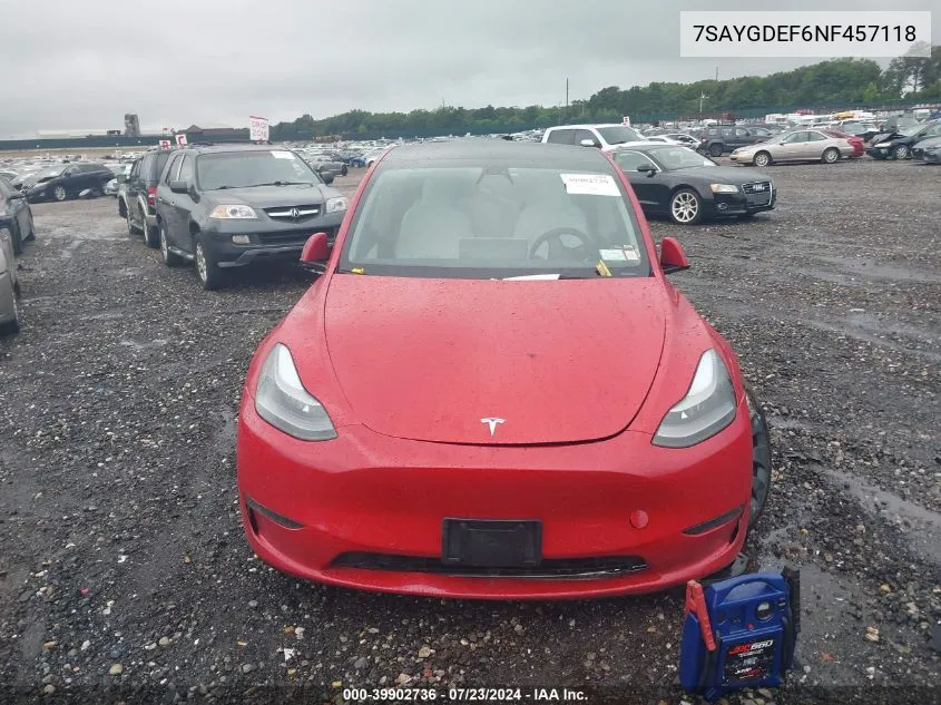 2022 Tesla Model Y Performance Dual Motor All-Wheel Drive VIN: 7SAYGDEF6NF457118 Lot: 39902736