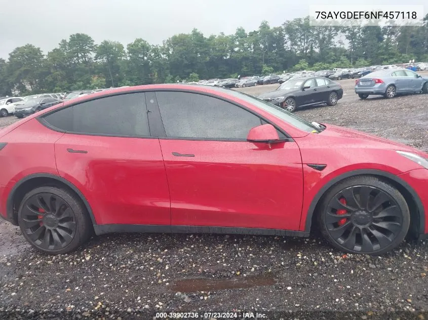 2022 Tesla Model Y Performance Dual Motor All-Wheel Drive VIN: 7SAYGDEF6NF457118 Lot: 39902736