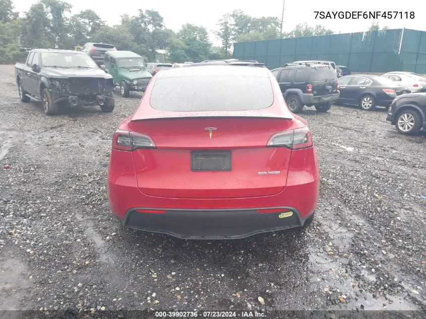 2022 Tesla Model Y Performance Dual Motor All-Wheel Drive VIN: 7SAYGDEF6NF457118 Lot: 39902736