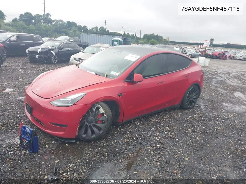 2022 Tesla Model Y Performance Dual Motor All-Wheel Drive VIN: 7SAYGDEF6NF457118 Lot: 39902736