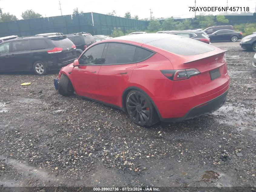 2022 Tesla Model Y Performance Dual Motor All-Wheel Drive VIN: 7SAYGDEF6NF457118 Lot: 39902736