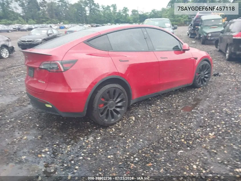 2022 Tesla Model Y Performance Dual Motor All-Wheel Drive VIN: 7SAYGDEF6NF457118 Lot: 39902736