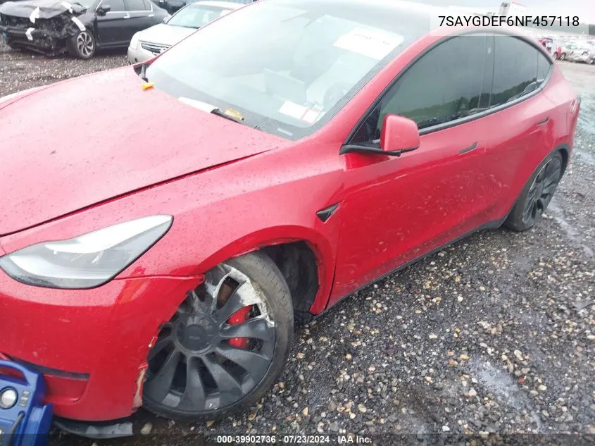 2022 Tesla Model Y Performance Dual Motor All-Wheel Drive VIN: 7SAYGDEF6NF457118 Lot: 39902736