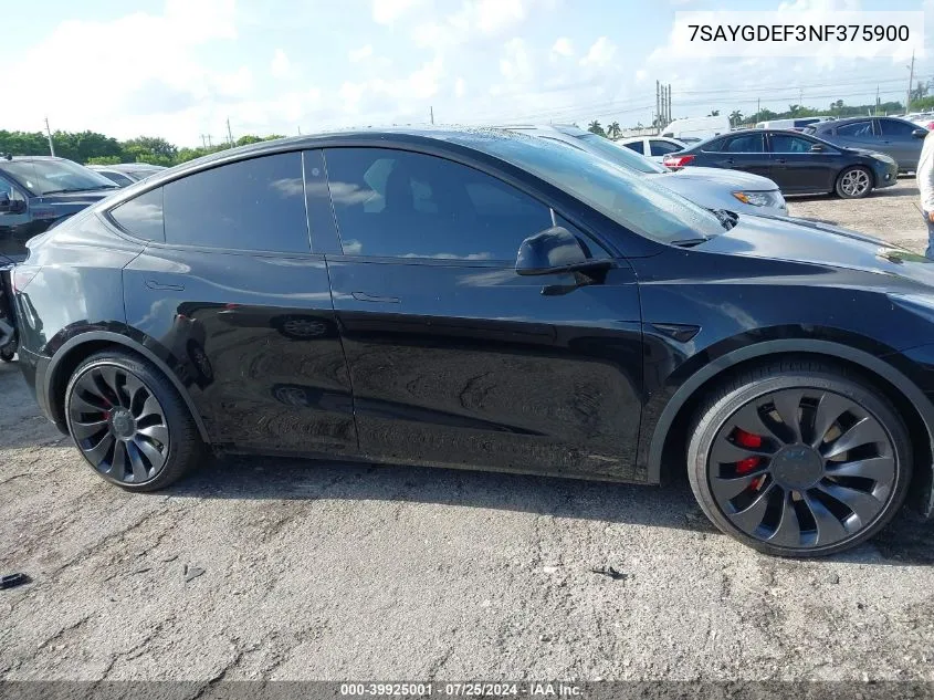 2022 Tesla Model Y Performance Dual Motor All-Wheel Drive VIN: 7SAYGDEF3NF375900 Lot: 39925001