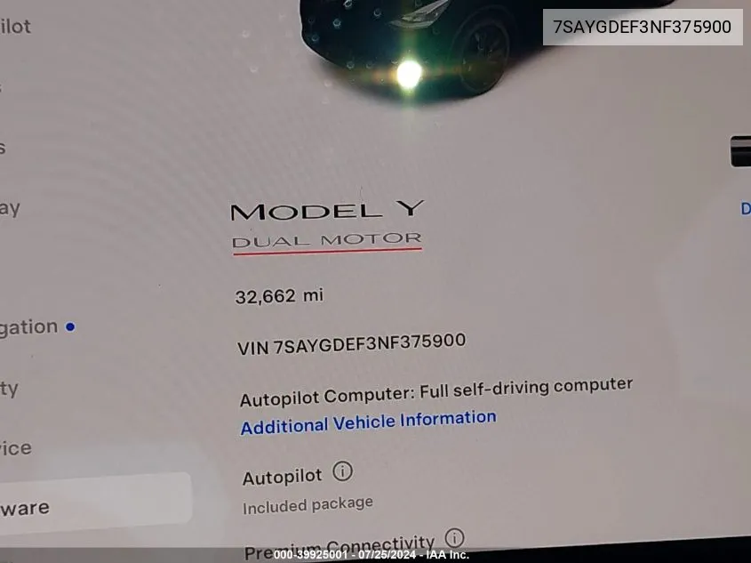 2022 Tesla Model Y Performance Dual Motor All-Wheel Drive VIN: 7SAYGDEF3NF375900 Lot: 39925001