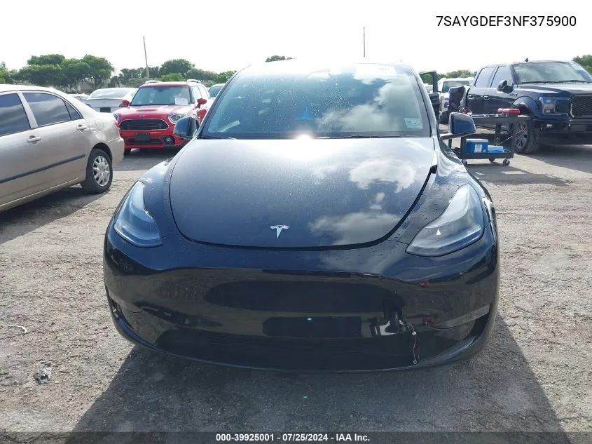 2022 Tesla Model Y Performance Dual Motor All-Wheel Drive VIN: 7SAYGDEF3NF375900 Lot: 39925001