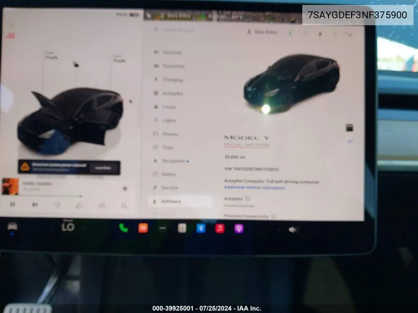 2022 Tesla Model Y Performance Dual Motor All-Wheel Drive VIN: 7SAYGDEF3NF375900 Lot: 39925001