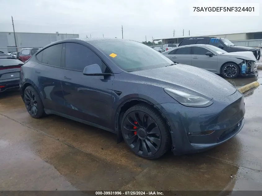 2022 Tesla Model Y Performance Dual Motor All-Wheel Drive VIN: 7SAYGDEF5NF324401 Lot: 39931996