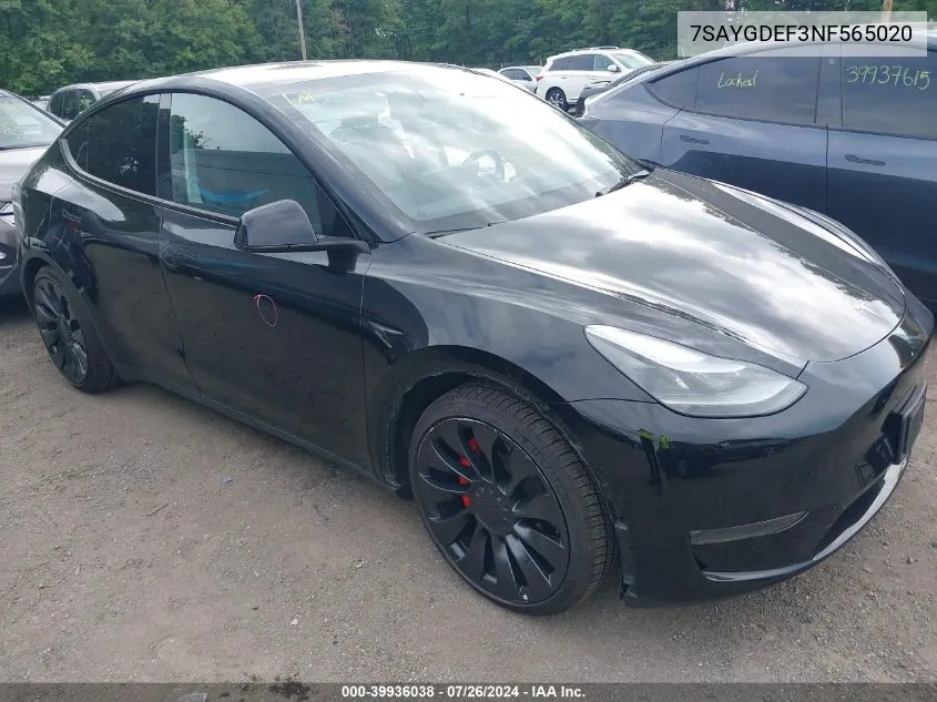 2022 Tesla Model Y Performance Dual Motor All-Wheel Drive VIN: 7SAYGDEF3NF565020 Lot: 39936038