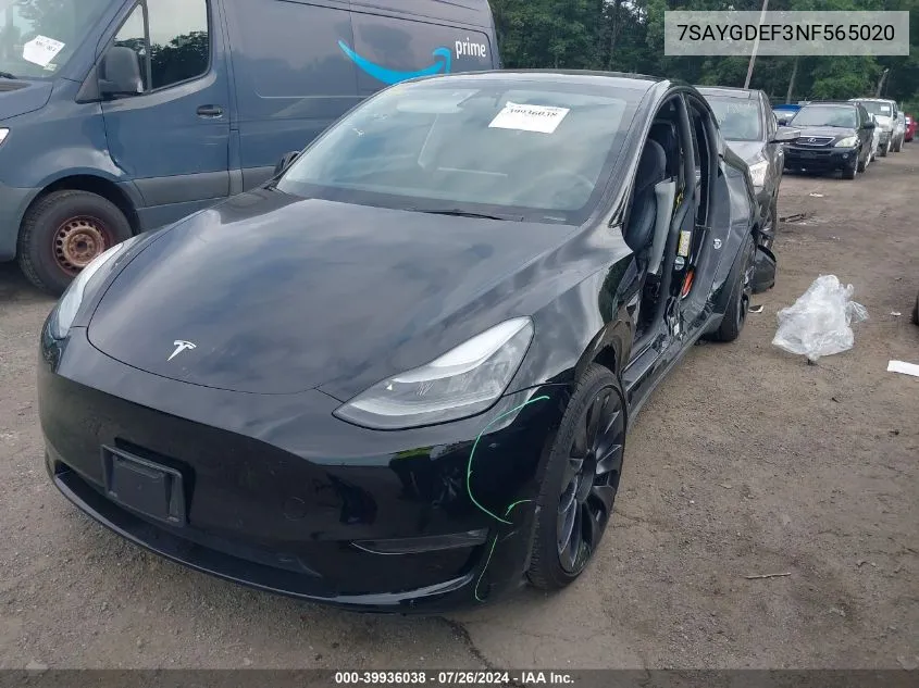 2022 Tesla Model Y Performance Dual Motor All-Wheel Drive VIN: 7SAYGDEF3NF565020 Lot: 39936038