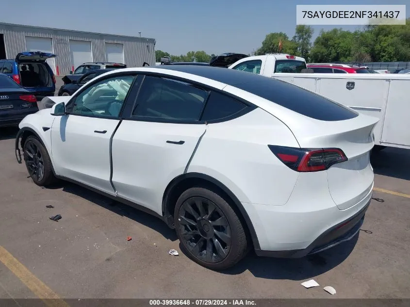 2022 Tesla Model Y Long Range Dual Motor All-Wheel Drive VIN: 7SAYGDEE2NF341437 Lot: 39936648