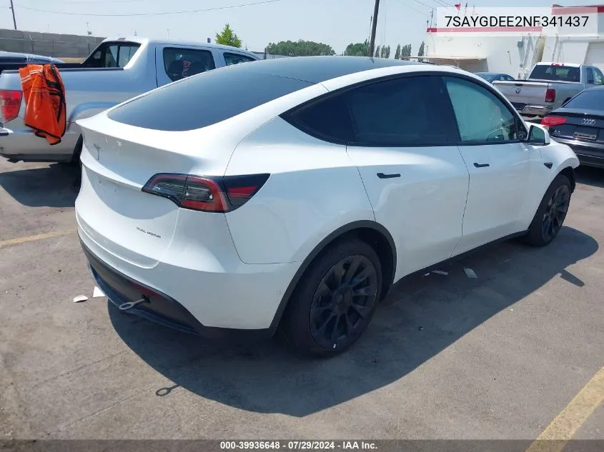 2022 Tesla Model Y Long Range Dual Motor All-Wheel Drive VIN: 7SAYGDEE2NF341437 Lot: 39936648