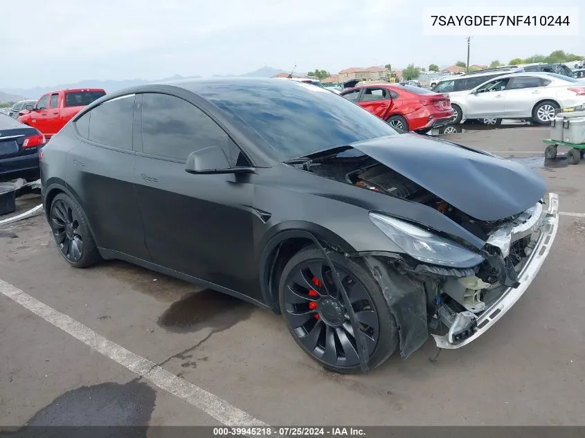 2022 Tesla Model Y Performance Dual Motor All-Wheel Drive VIN: 7SAYGDEF7NF410244 Lot: 39945218