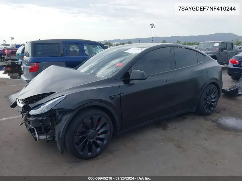 2022 Tesla Model Y Performance Dual Motor All-Wheel Drive VIN: 7SAYGDEF7NF410244 Lot: 39945218