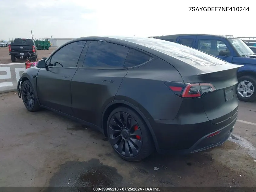 2022 Tesla Model Y Performance Dual Motor All-Wheel Drive VIN: 7SAYGDEF7NF410244 Lot: 39945218