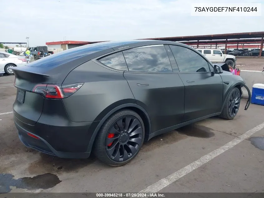 2022 Tesla Model Y Performance Dual Motor All-Wheel Drive VIN: 7SAYGDEF7NF410244 Lot: 39945218