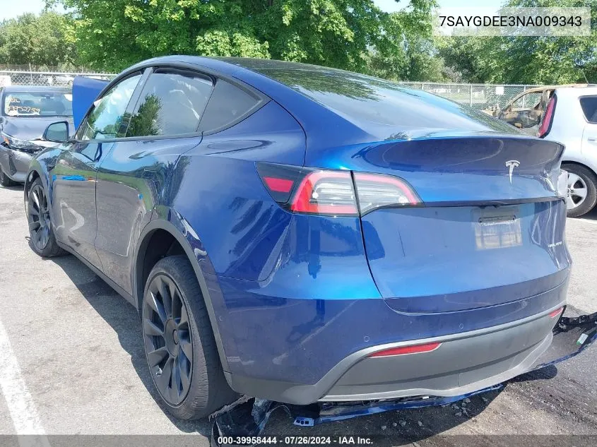 7SAYGDEE3NA009343 2022 Tesla Model Y