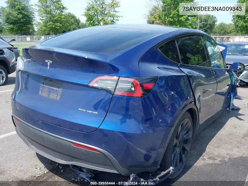 7SAYGDEE3NA009343 2022 Tesla Model Y