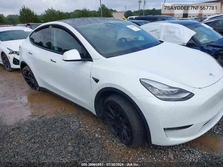 2022 Tesla Model Y Long Range Dual Motor All-Wheel Drive VIN: 7SAYGDEE7NF567781 Lot: 39960851