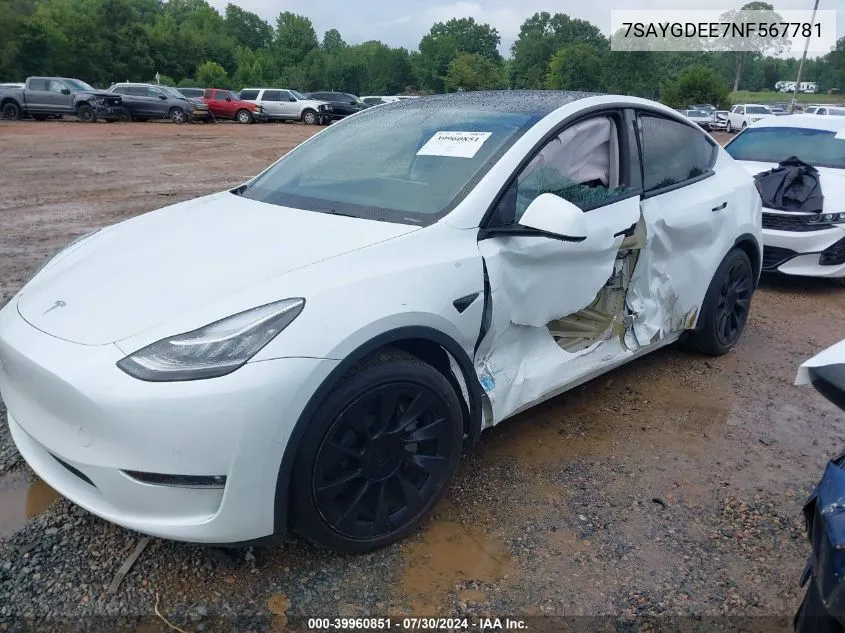 2022 Tesla Model Y Long Range Dual Motor All-Wheel Drive VIN: 7SAYGDEE7NF567781 Lot: 39960851