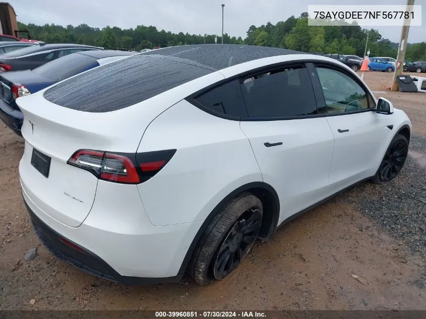 2022 Tesla Model Y Long Range Dual Motor All-Wheel Drive VIN: 7SAYGDEE7NF567781 Lot: 39960851