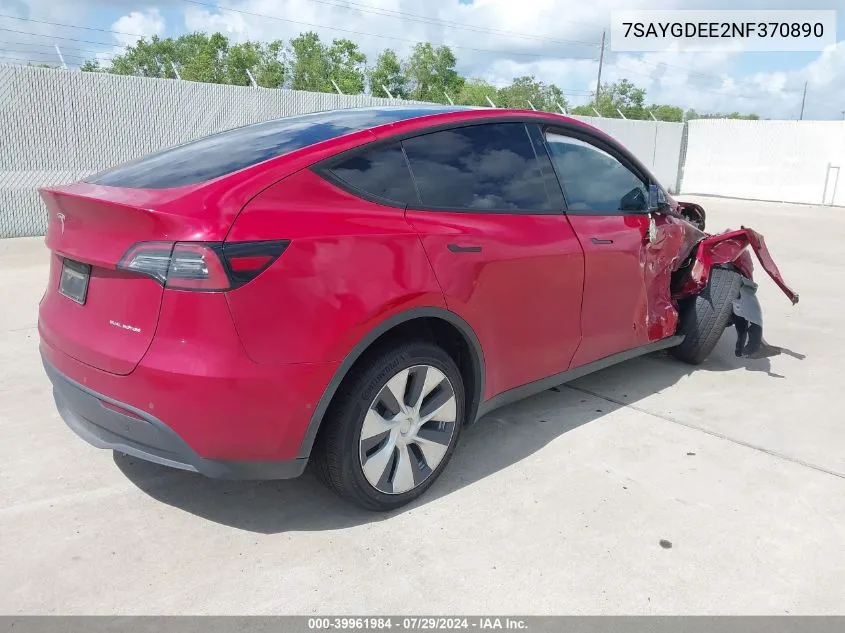 2022 Tesla Model Y Long Range Dual Motor All-Wheel Drive VIN: 7SAYGDEE2NF370890 Lot: 39961984