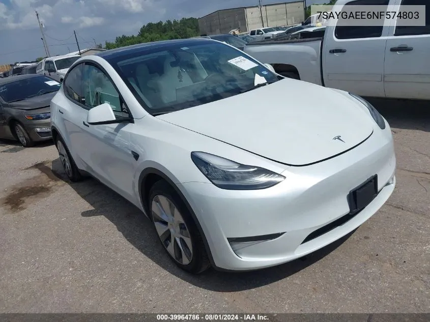 2022 Tesla Model Y Long Range Dual Motor All-Wheel Drive VIN: 7SAYGAEE6NF574803 Lot: 39964786