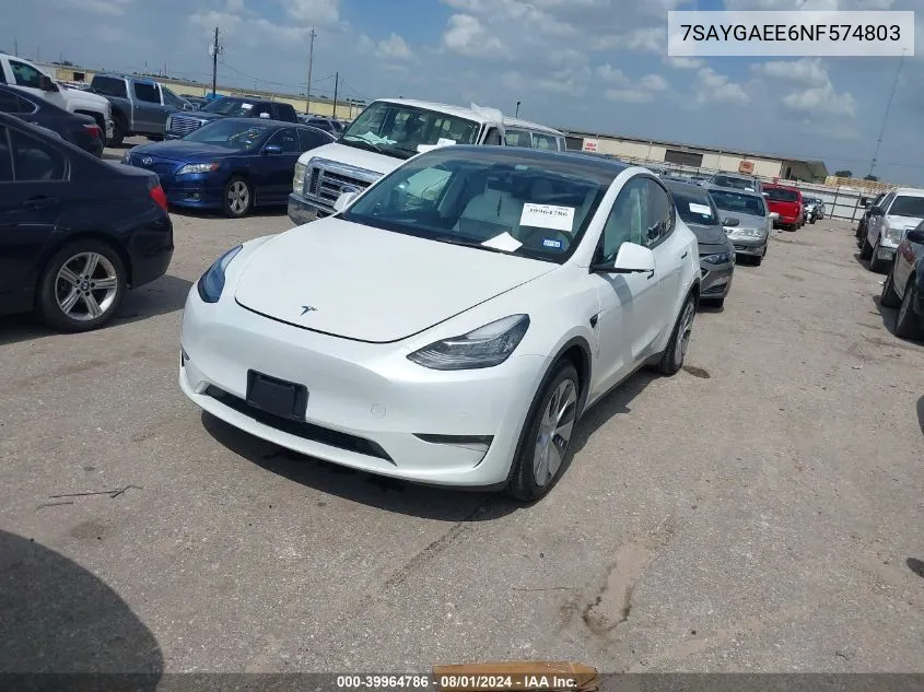 2022 Tesla Model Y Long Range Dual Motor All-Wheel Drive VIN: 7SAYGAEE6NF574803 Lot: 39964786