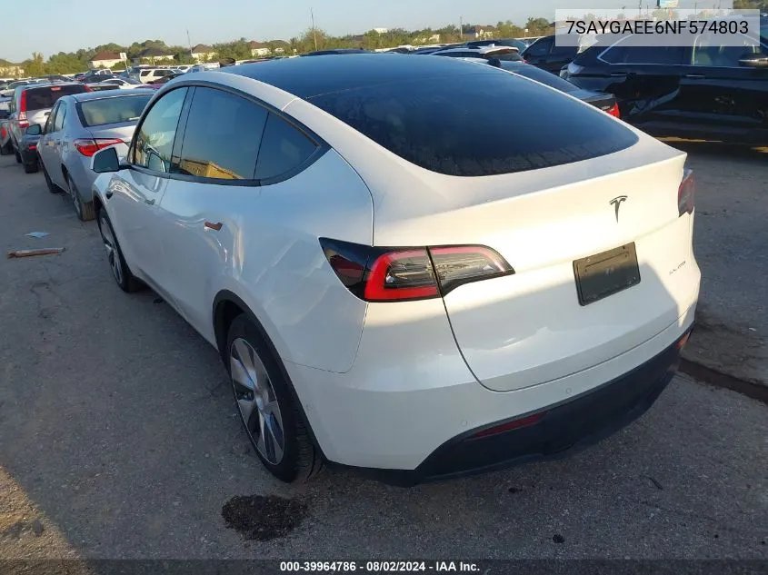 2022 Tesla Model Y Long Range Dual Motor All-Wheel Drive VIN: 7SAYGAEE6NF574803 Lot: 39964786