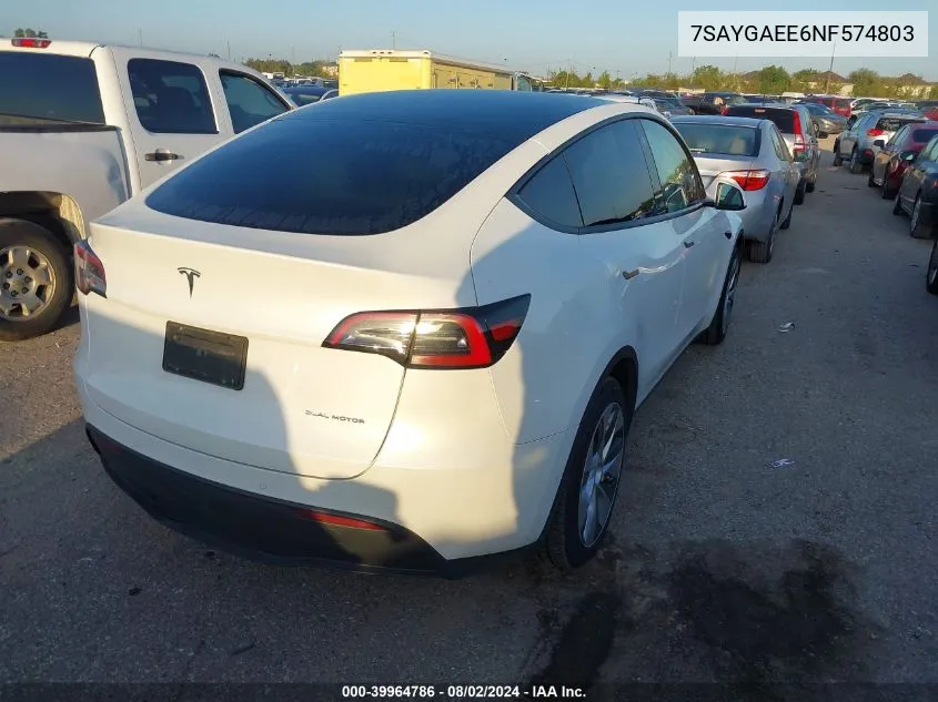 2022 Tesla Model Y Long Range Dual Motor All-Wheel Drive VIN: 7SAYGAEE6NF574803 Lot: 39964786