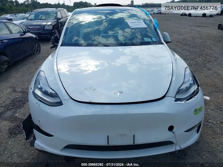 2022 Tesla Model Y Long Range Dual Motor All-Wheel Drive VIN: 7SAYGDEE7NF456776 Lot: 39985392