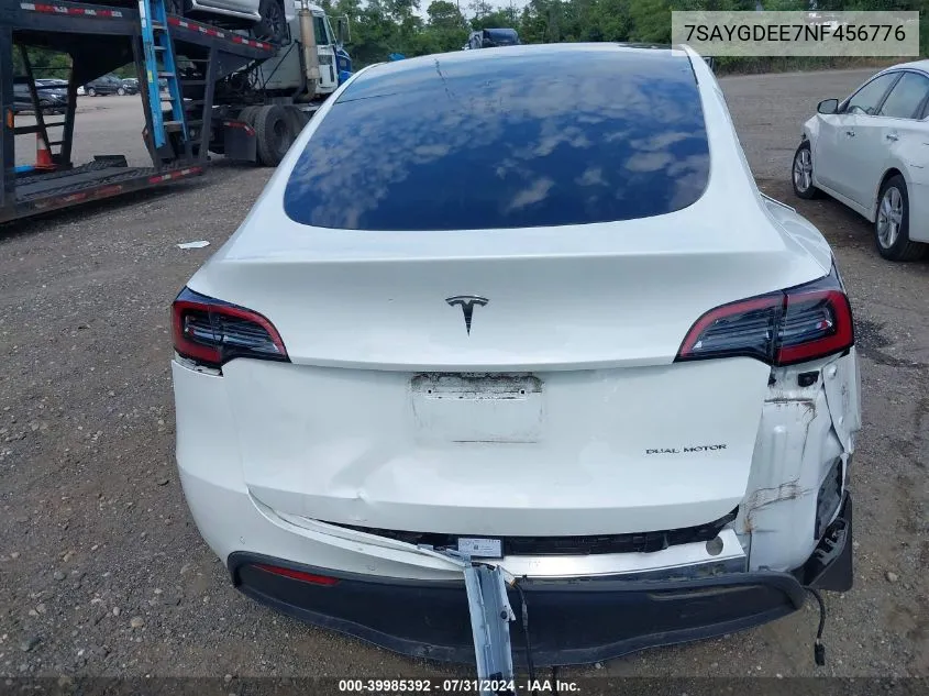 2022 Tesla Model Y Long Range Dual Motor All-Wheel Drive VIN: 7SAYGDEE7NF456776 Lot: 39985392