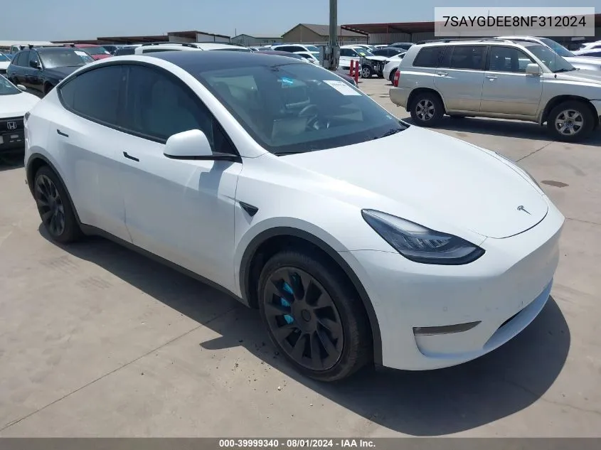 2022 Tesla Model Y VIN: 7SAYGDEE8NF312024 Lot: 39999340