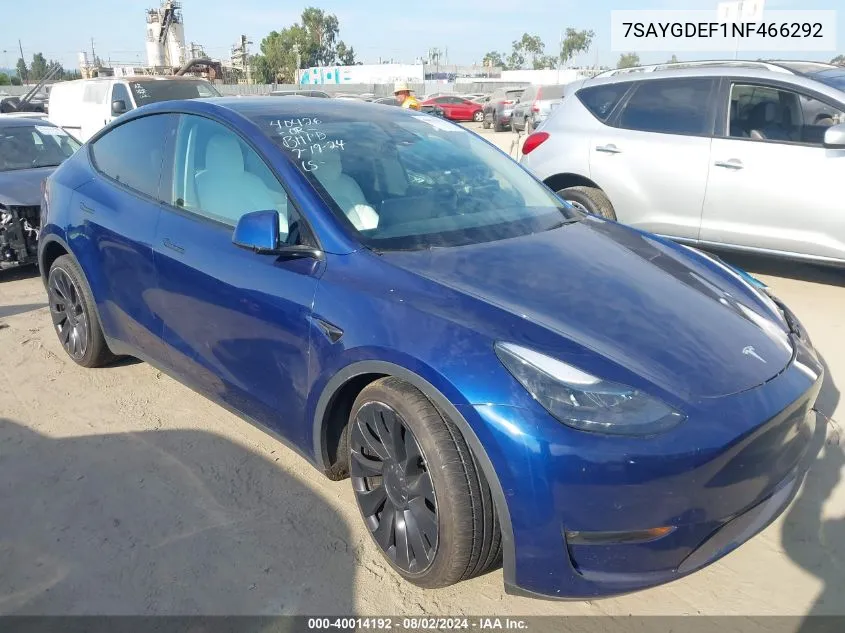 2022 Tesla Model Y Performance Dual Motor All-Wheel Drive VIN: 7SAYGDEF1NF466292 Lot: 40014192