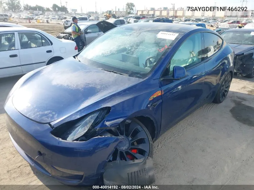 2022 Tesla Model Y Performance Dual Motor All-Wheel Drive VIN: 7SAYGDEF1NF466292 Lot: 40014192