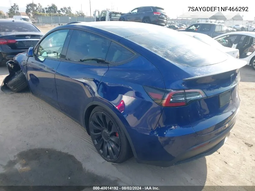 2022 Tesla Model Y Performance Dual Motor All-Wheel Drive VIN: 7SAYGDEF1NF466292 Lot: 40014192