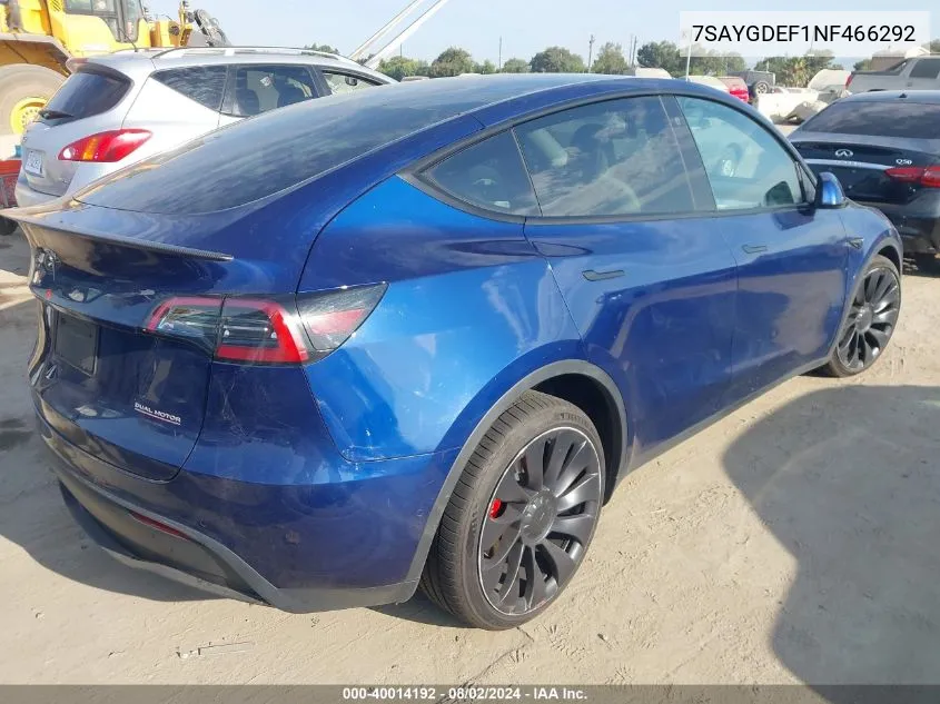 2022 Tesla Model Y Performance Dual Motor All-Wheel Drive VIN: 7SAYGDEF1NF466292 Lot: 40014192